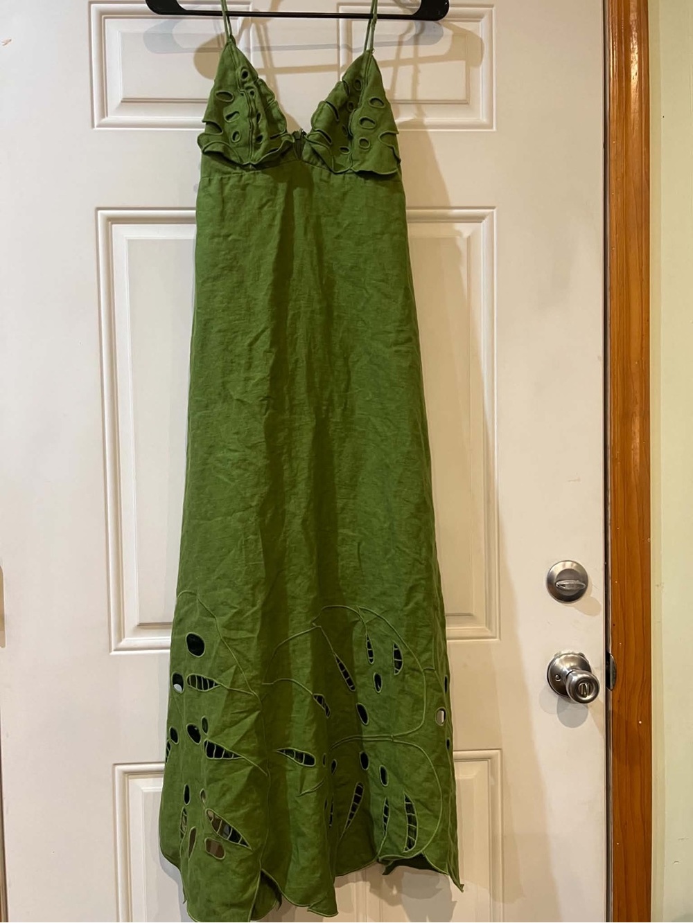 Farm Rio Green Linen Leaf Spaghetti-Strap Cutout Midi Dress Size Small
